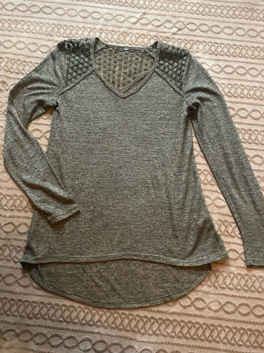Xhilaration Olive Green Lace-Yoke V-Neck Long Sleeve Top
